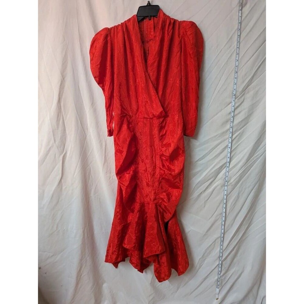 True Vintage 80s Red Silky Puff Sleeve Ruched Midi Dress - No Size-Best Fit XXS - Picture 8 of 10